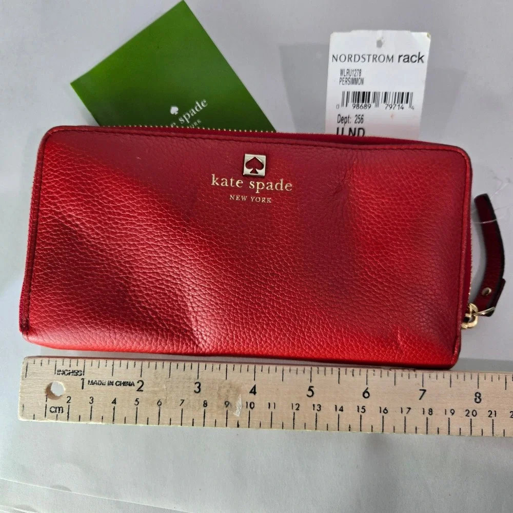 Kate Spade Wallet Persimmon Red Pebbled Leather Zip Around NWT *Flaw*  #1147